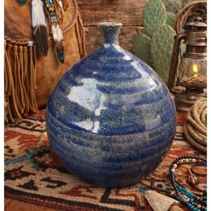 Vintage Blue Handmade Bulb Top Pottery Vase Signed Western Art Deco Boho